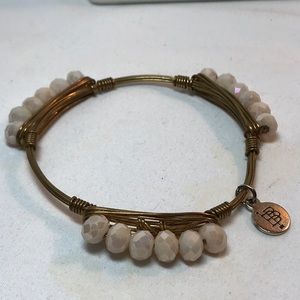 Bourbon and Bow ties bracelet, 7.5 in, cream color beads, bangle, wire w…